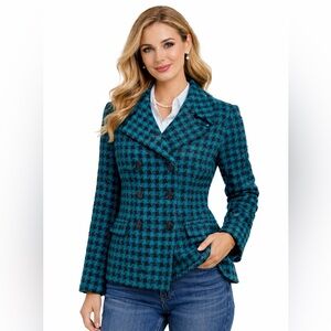 Bossini Turquoise Tweed Double-breasted blazer NWT Academia Preppy Sz 7 Office
